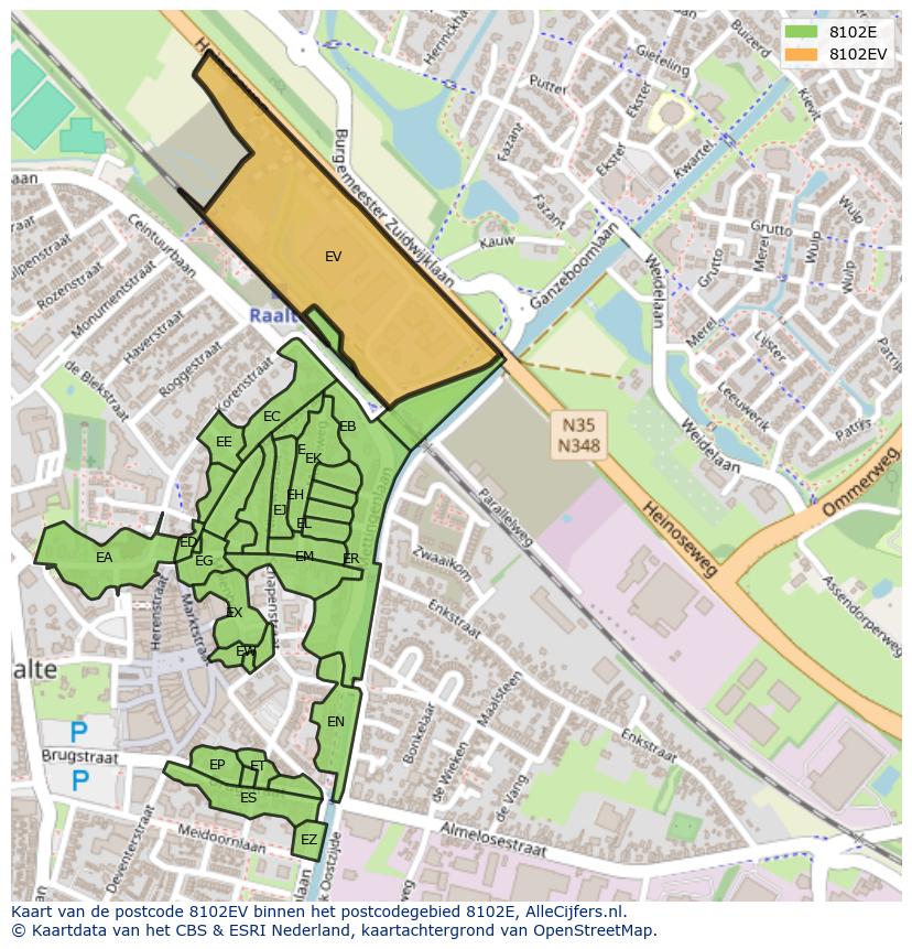 Afbeelding van het postcodegebied 8102 EV op de kaart.