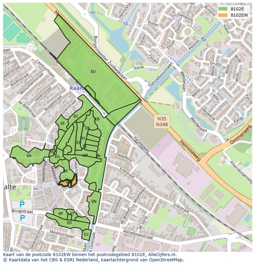 Afbeelding van het postcodegebied 8102 EW op de kaart.
