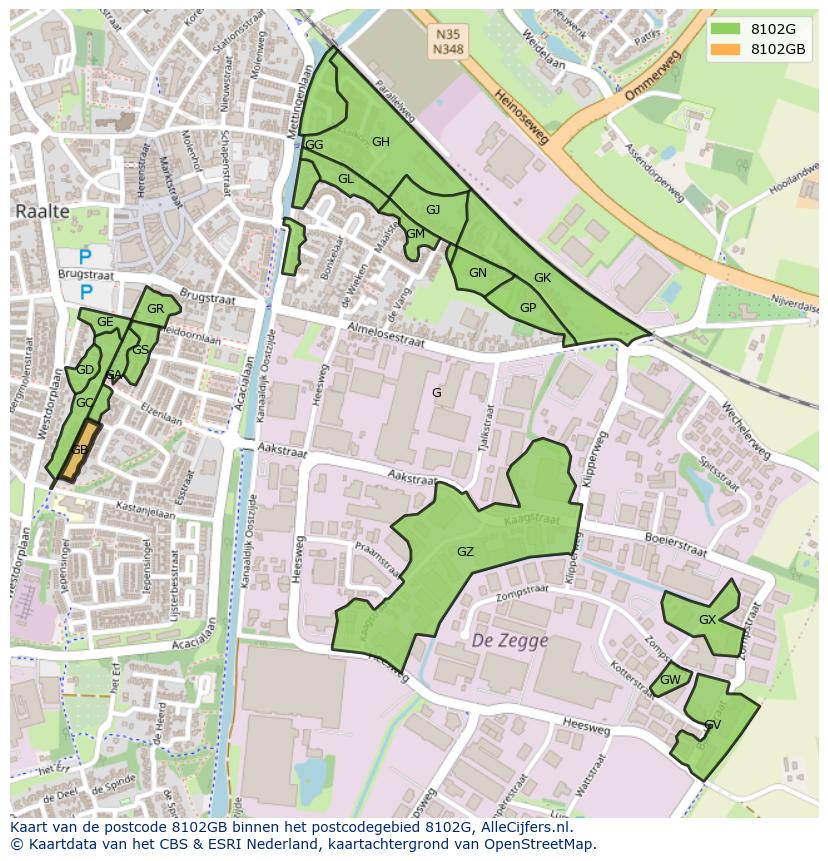 Afbeelding van het postcodegebied 8102 GB op de kaart.