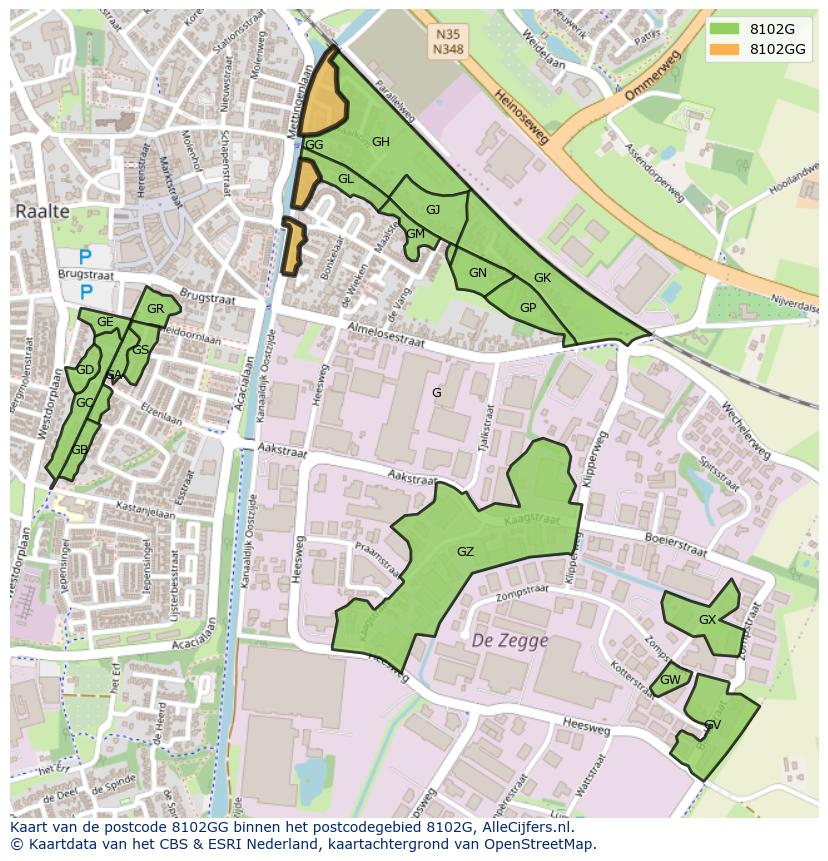 Afbeelding van het postcodegebied 8102 GG op de kaart.