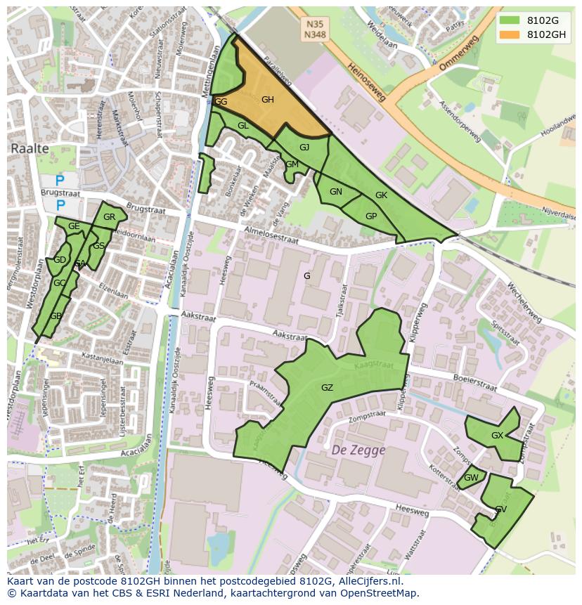 Afbeelding van het postcodegebied 8102 GH op de kaart.