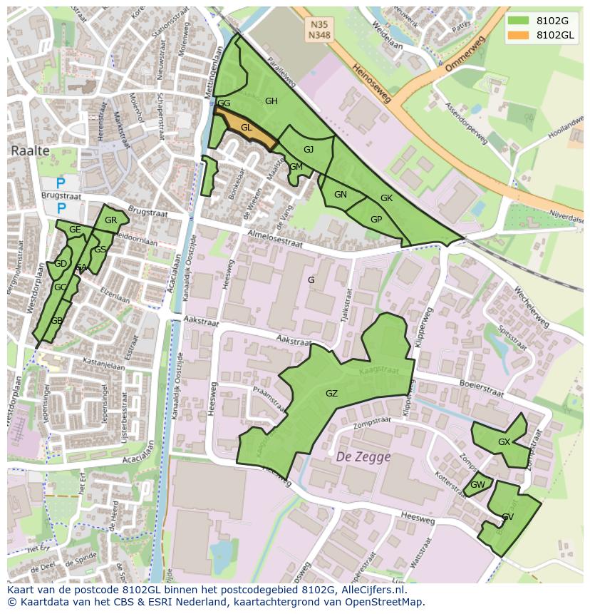 Afbeelding van het postcodegebied 8102 GL op de kaart.