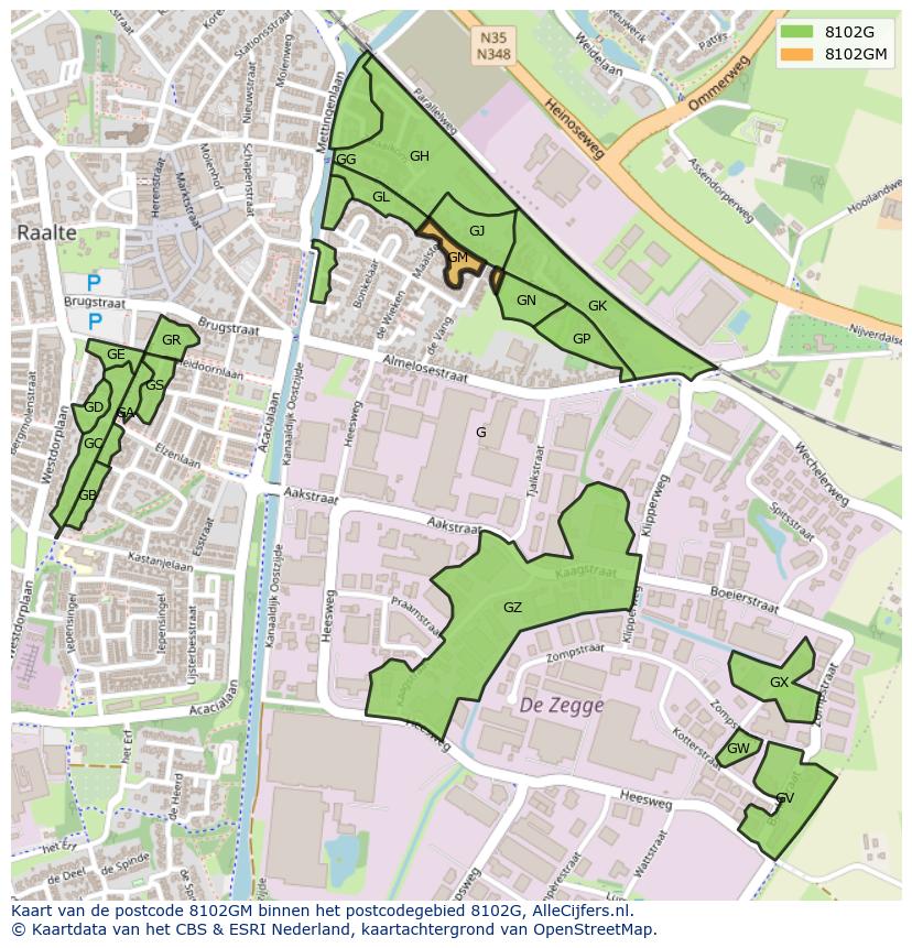 Afbeelding van het postcodegebied 8102 GM op de kaart.