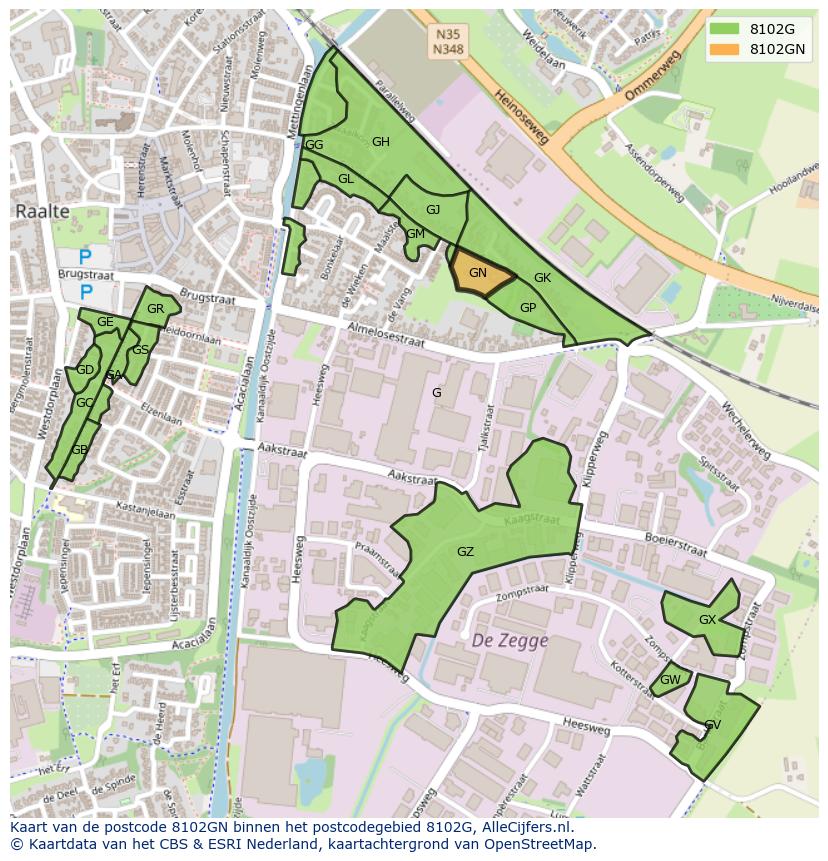 Afbeelding van het postcodegebied 8102 GN op de kaart.