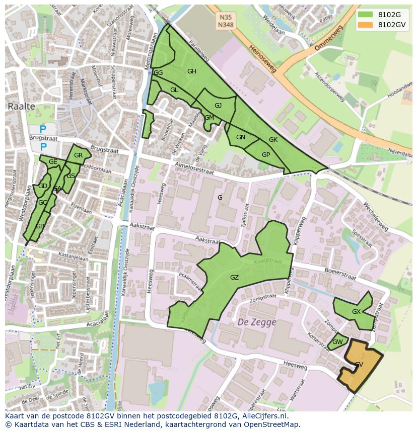 Afbeelding van het postcodegebied 8102 GV op de kaart.