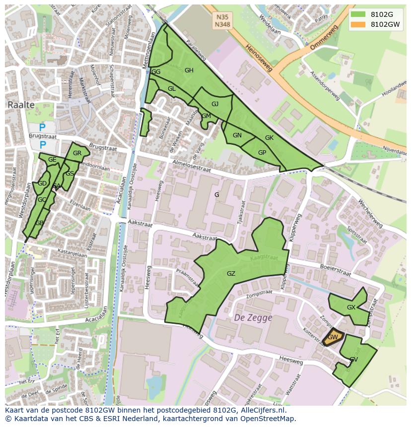 Afbeelding van het postcodegebied 8102 GW op de kaart.