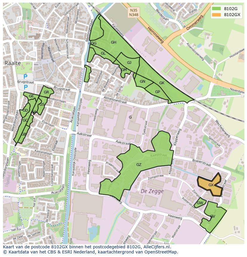Afbeelding van het postcodegebied 8102 GX op de kaart.