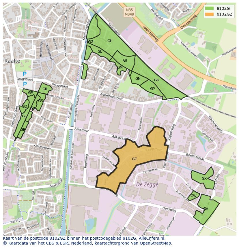Afbeelding van het postcodegebied 8102 GZ op de kaart.
