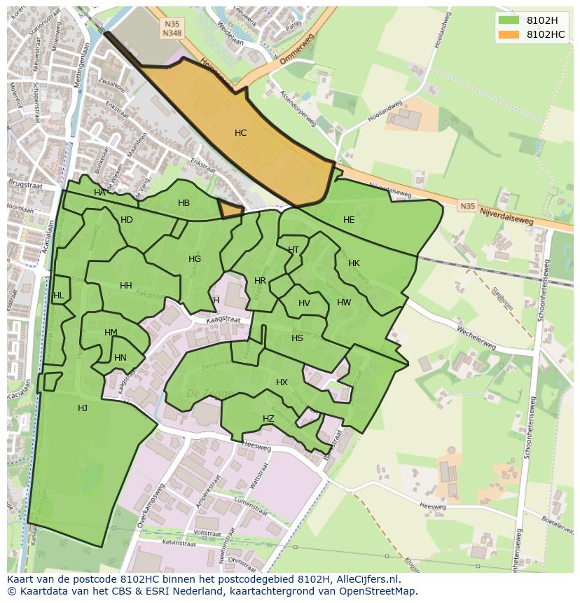 Afbeelding van het postcodegebied 8102 HC op de kaart.