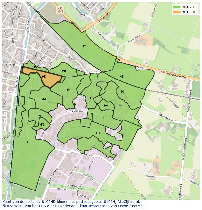 Afbeelding van het postcodegebied 8102 HD op de kaart.