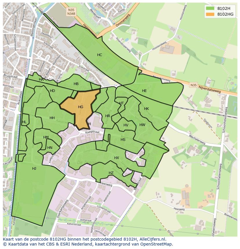 Afbeelding van het postcodegebied 8102 HG op de kaart.