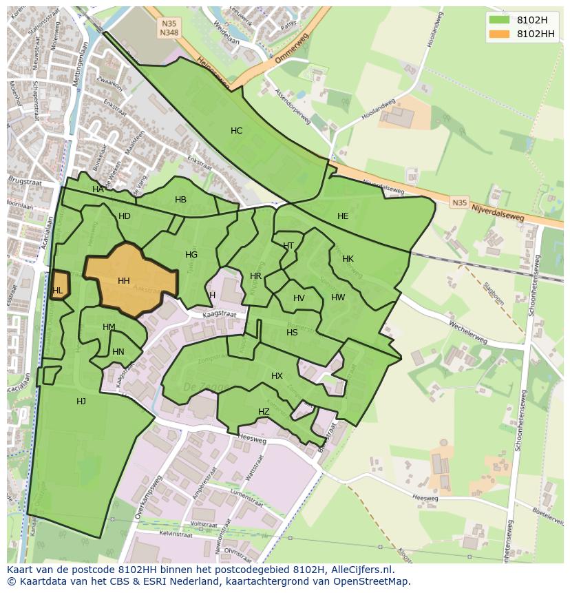 Afbeelding van het postcodegebied 8102 HH op de kaart.