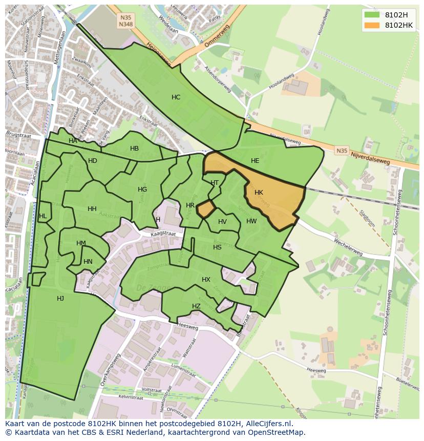 Afbeelding van het postcodegebied 8102 HK op de kaart.