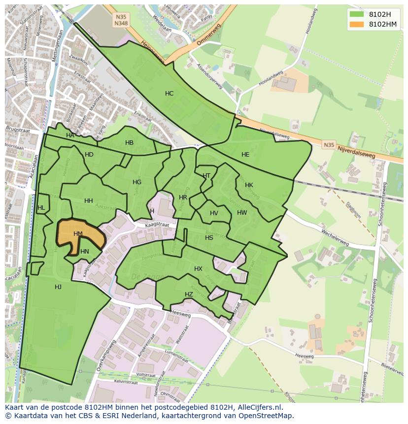 Afbeelding van het postcodegebied 8102 HM op de kaart.