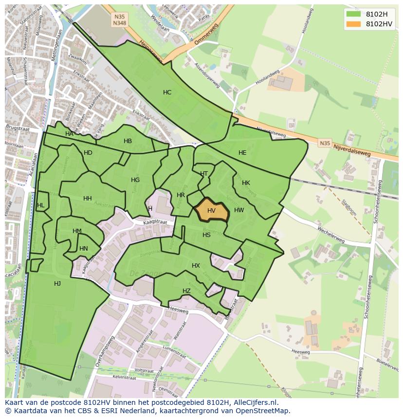 Afbeelding van het postcodegebied 8102 HV op de kaart.