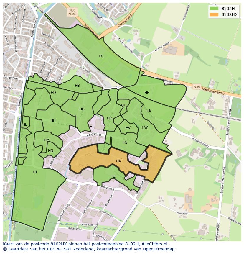 Afbeelding van het postcodegebied 8102 HX op de kaart.