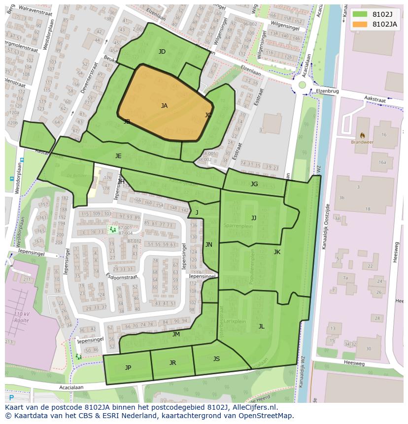 Afbeelding van het postcodegebied 8102 JA op de kaart.