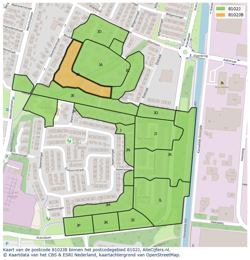 Afbeelding van het postcodegebied 8102 JB op de kaart.