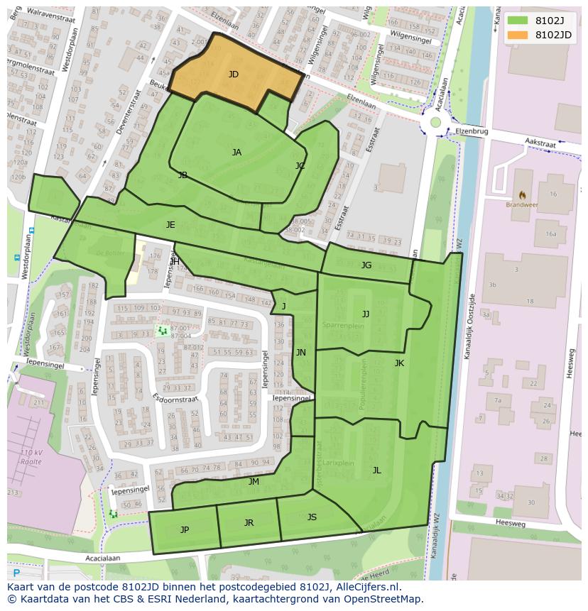 Afbeelding van het postcodegebied 8102 JD op de kaart.