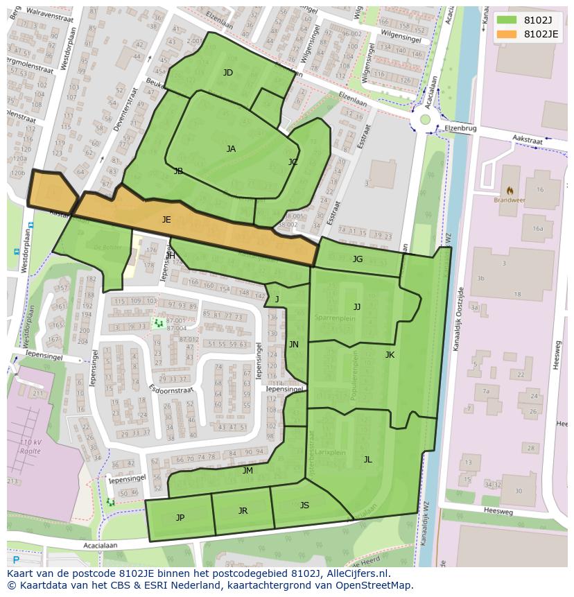 Afbeelding van het postcodegebied 8102 JE op de kaart.