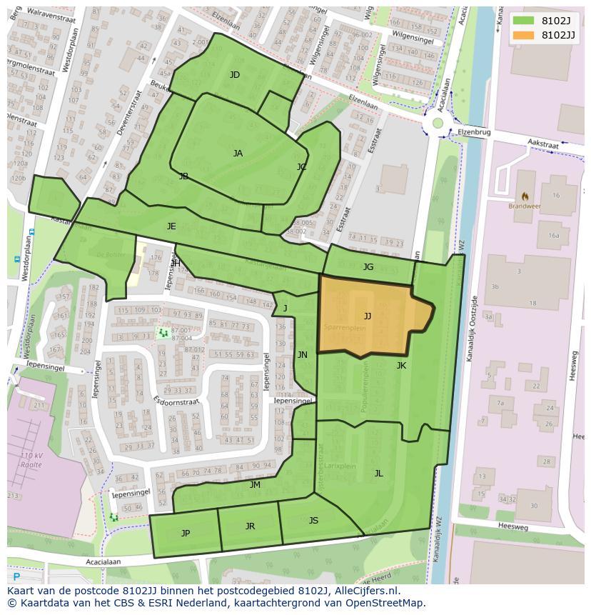 Afbeelding van het postcodegebied 8102 JJ op de kaart.