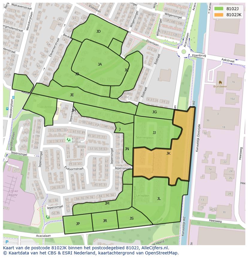 Afbeelding van het postcodegebied 8102 JK op de kaart.