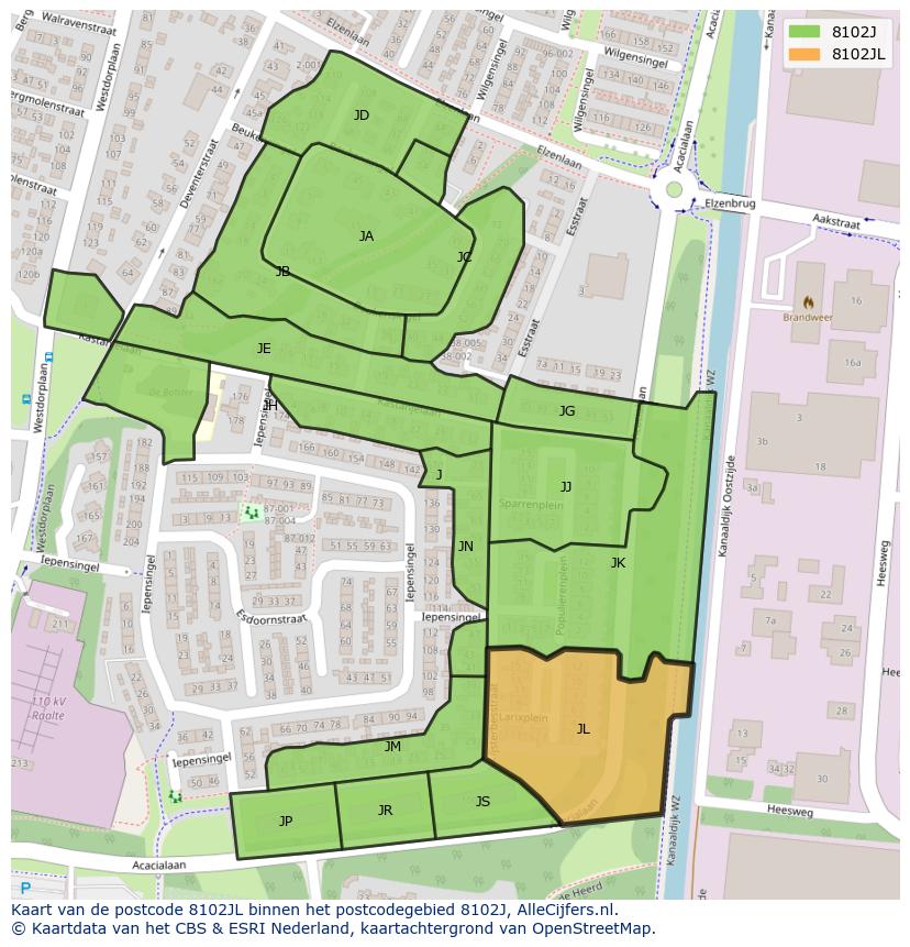 Afbeelding van het postcodegebied 8102 JL op de kaart.