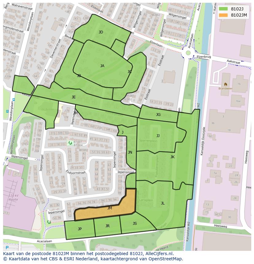 Afbeelding van het postcodegebied 8102 JM op de kaart.