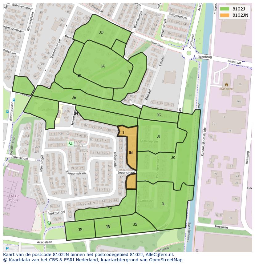 Afbeelding van het postcodegebied 8102 JN op de kaart.