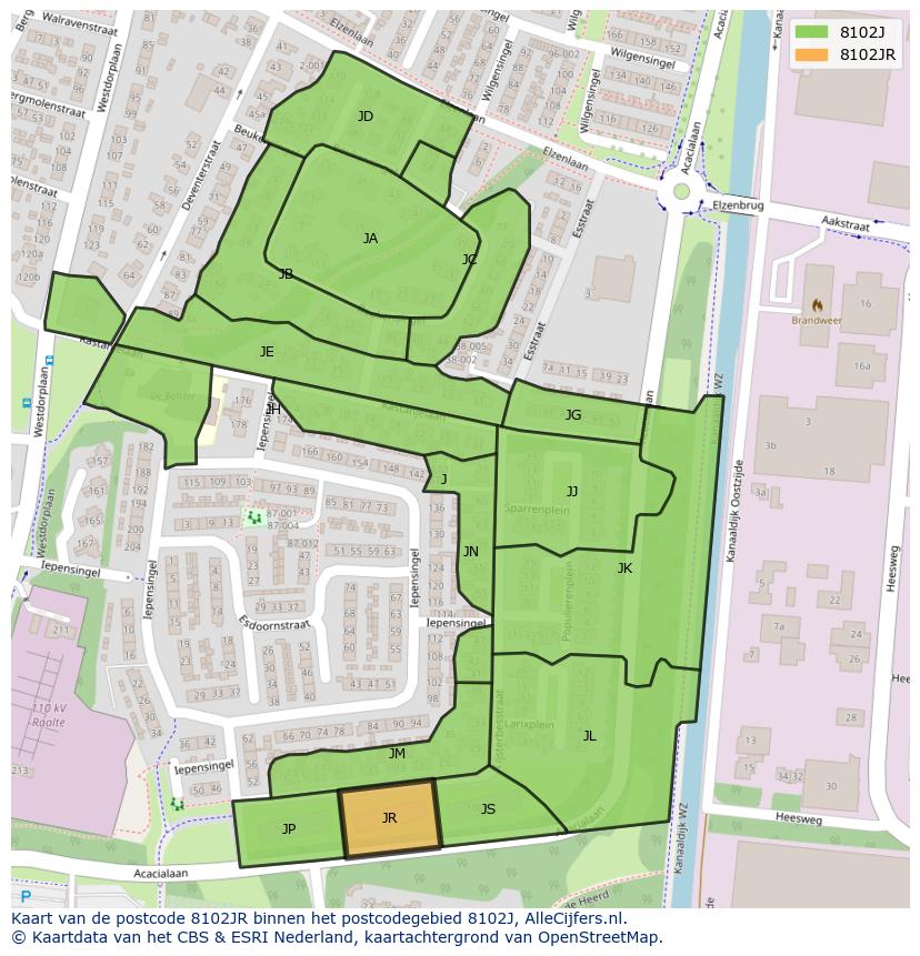 Afbeelding van het postcodegebied 8102 JR op de kaart.
