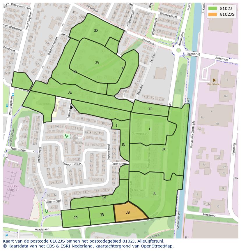 Afbeelding van het postcodegebied 8102 JS op de kaart.
