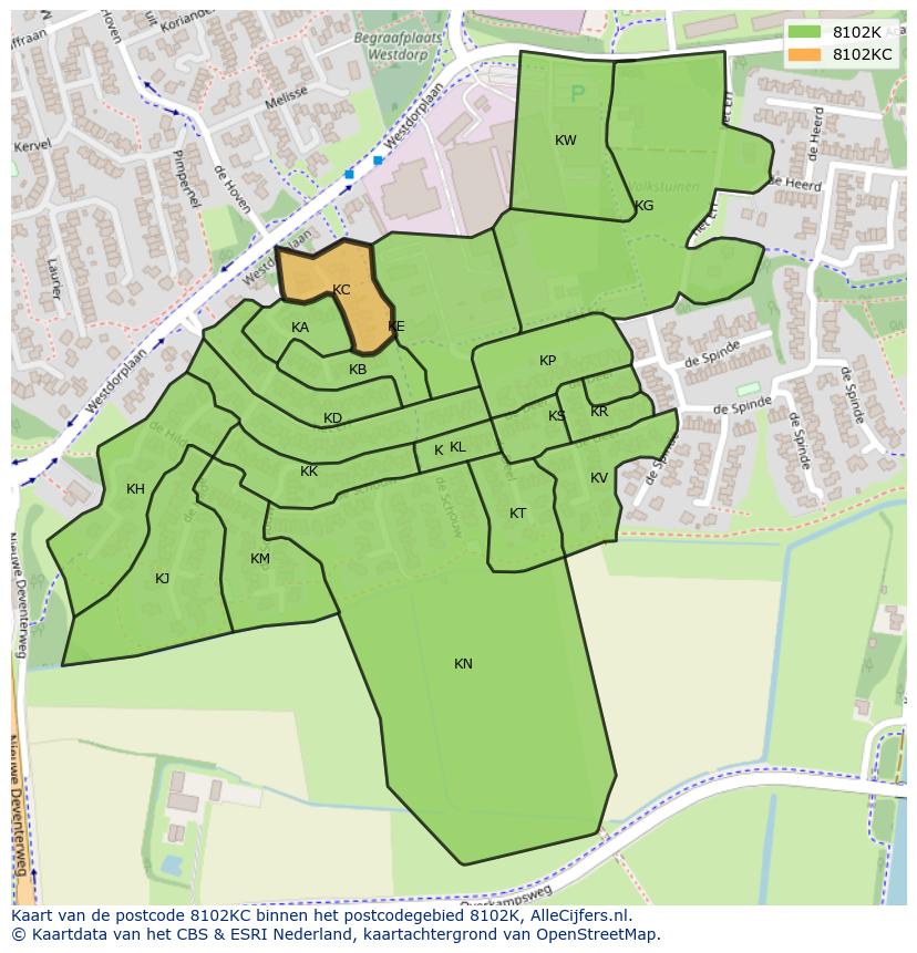 Afbeelding van het postcodegebied 8102 KC op de kaart.