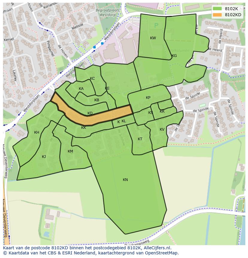 Afbeelding van het postcodegebied 8102 KD op de kaart.