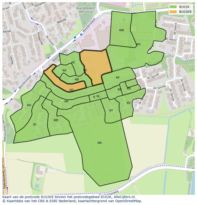 Afbeelding van het postcodegebied 8102 KE op de kaart.