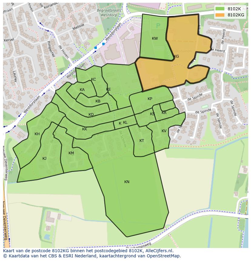 Afbeelding van het postcodegebied 8102 KG op de kaart.