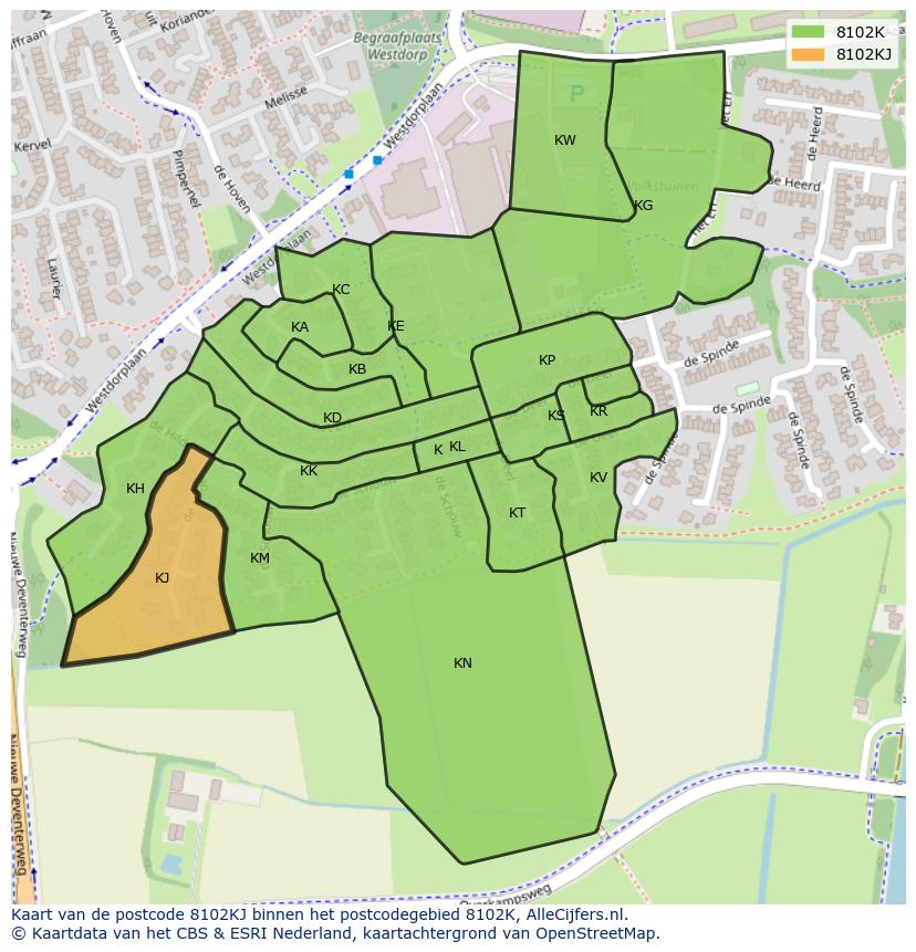Afbeelding van het postcodegebied 8102 KJ op de kaart.