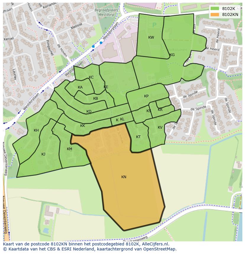 Afbeelding van het postcodegebied 8102 KN op de kaart.