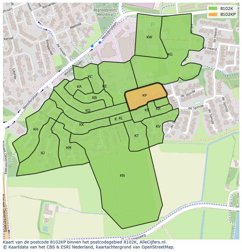 Afbeelding van het postcodegebied 8102 KP op de kaart.