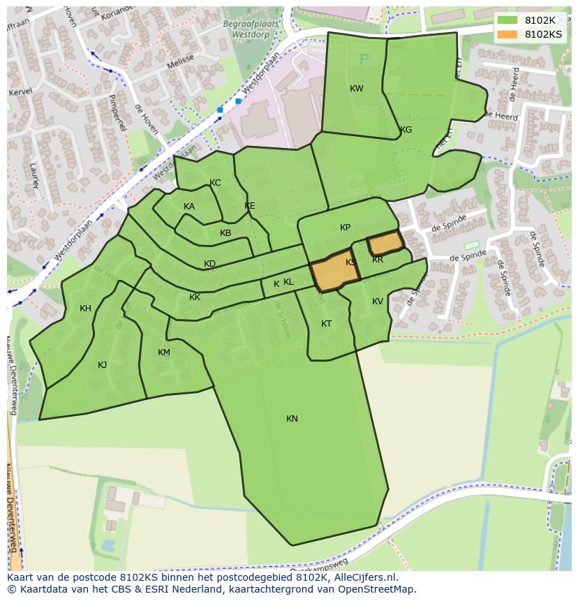 Afbeelding van het postcodegebied 8102 KS op de kaart.