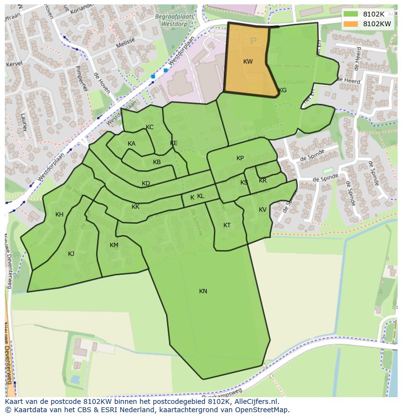 Afbeelding van het postcodegebied 8102 KW op de kaart.