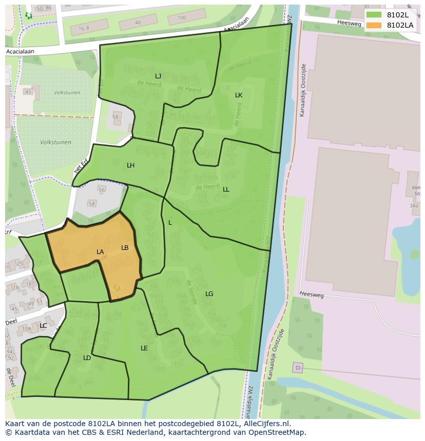 Afbeelding van het postcodegebied 8102 LA op de kaart.