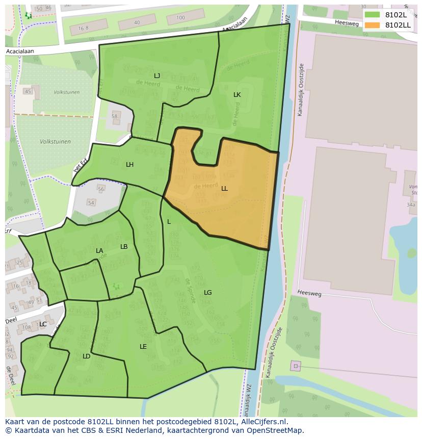 Afbeelding van het postcodegebied 8102 LL op de kaart.