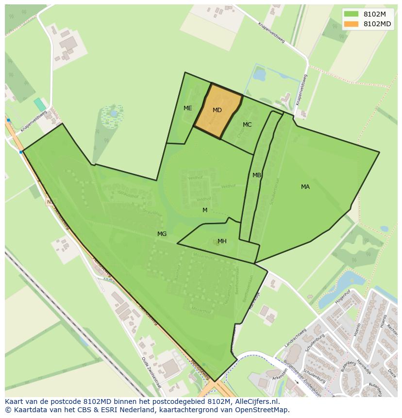 Afbeelding van het postcodegebied 8102 MD op de kaart.