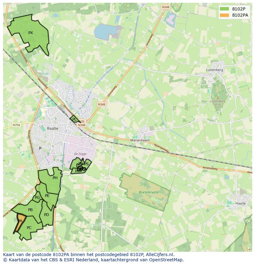 Afbeelding van het postcodegebied 8102 PA op de kaart.