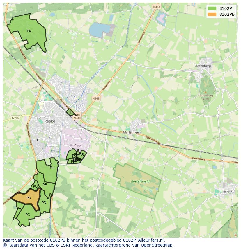 Afbeelding van het postcodegebied 8102 PB op de kaart.