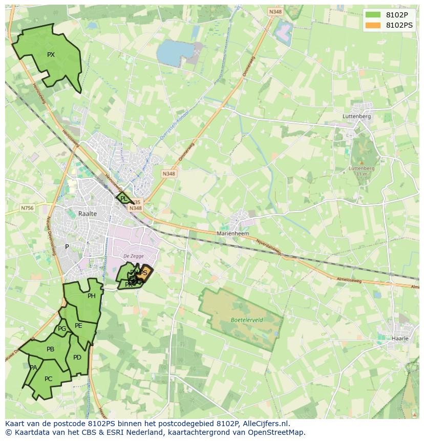 Afbeelding van het postcodegebied 8102 PS op de kaart.