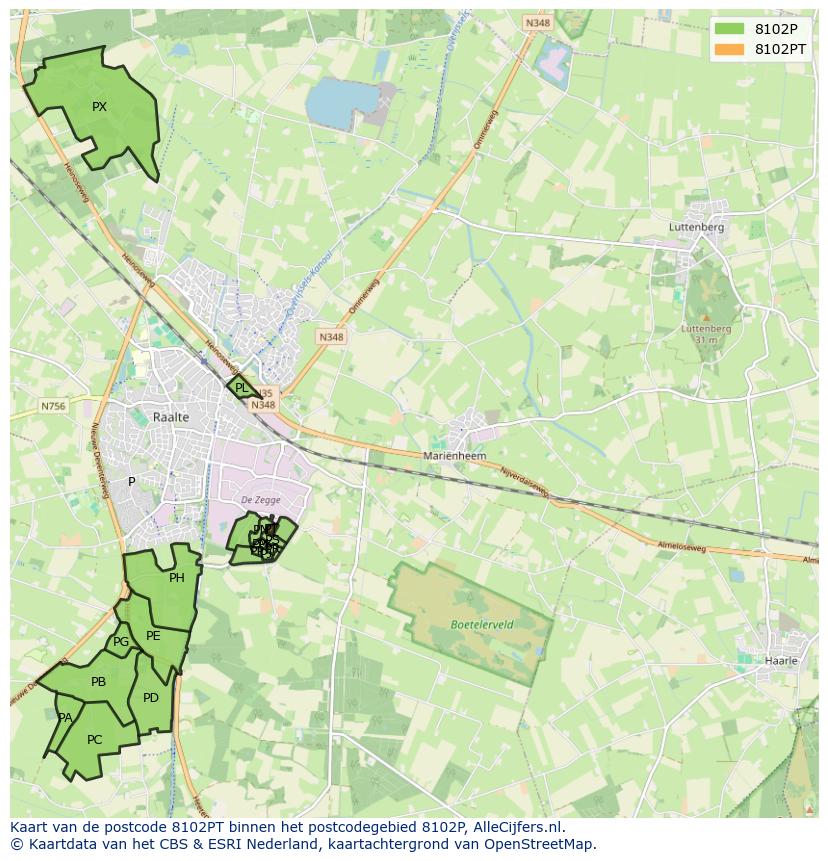 Afbeelding van het postcodegebied 8102 PT op de kaart.
