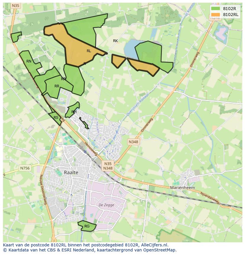 Afbeelding van het postcodegebied 8102 RL op de kaart.