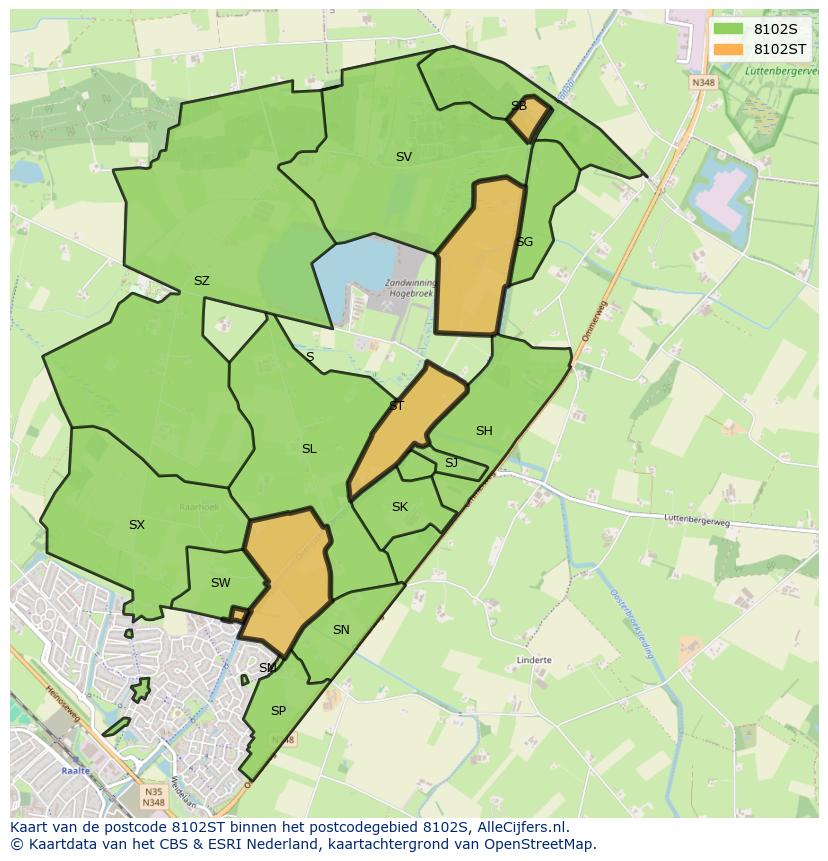 Afbeelding van het postcodegebied 8102 ST op de kaart.