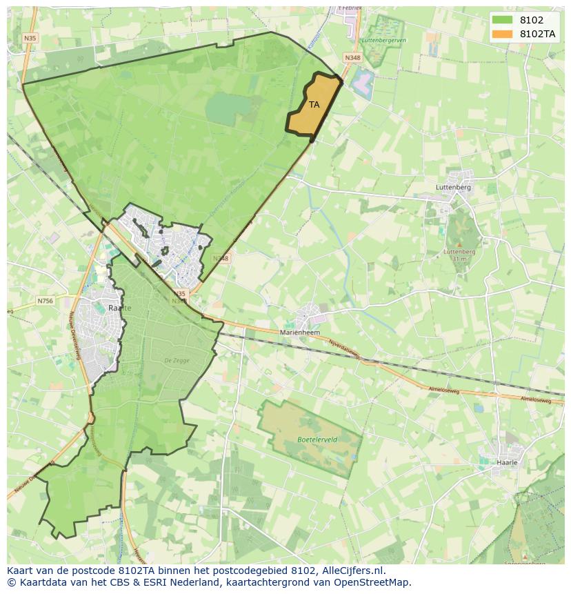 Afbeelding van het postcodegebied 8102 TA op de kaart.